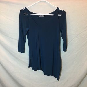 Sympli Teal Asymmetrical Teal Shoulder Slit & Side Slit Mid Sleeved Top
